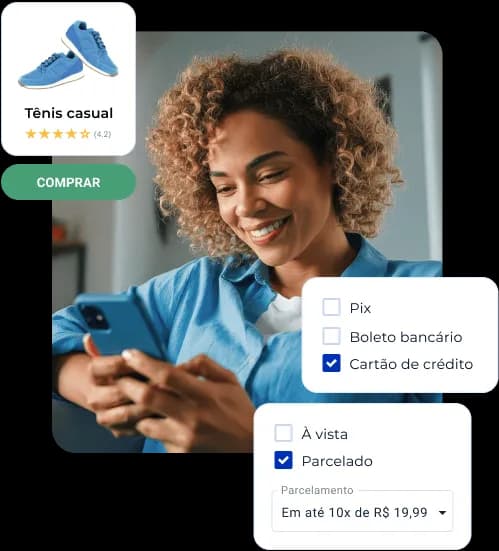 Mulher sorrindo e olhando para a tela do celular em suas mãos. Ela também está fazendo a compra on-line de um tênis casual. Há também um recorte da interface do carrinho de compra onde ela seleciona o meio de pagamento (Pix, boleto ou cartão) e a forma de pagamento (à vista ou parcelado).