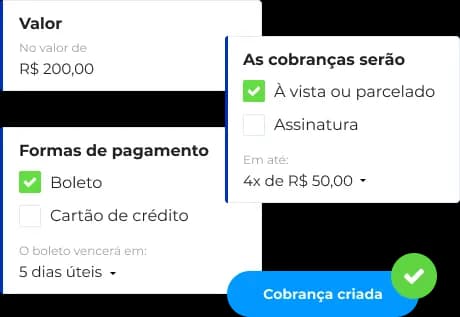 Exemplos de informações necessárias para a criação do link de pagamento. A imagem apresenta três telas. A primeira tela mostra o valor da compra (R$ 200,00); a segunda mostra como configurar o tipo de cobrança (à vista, parcelada ou assinatura); a última mostra as formas de pagamento aceitas (boleto e cartão de crédito).