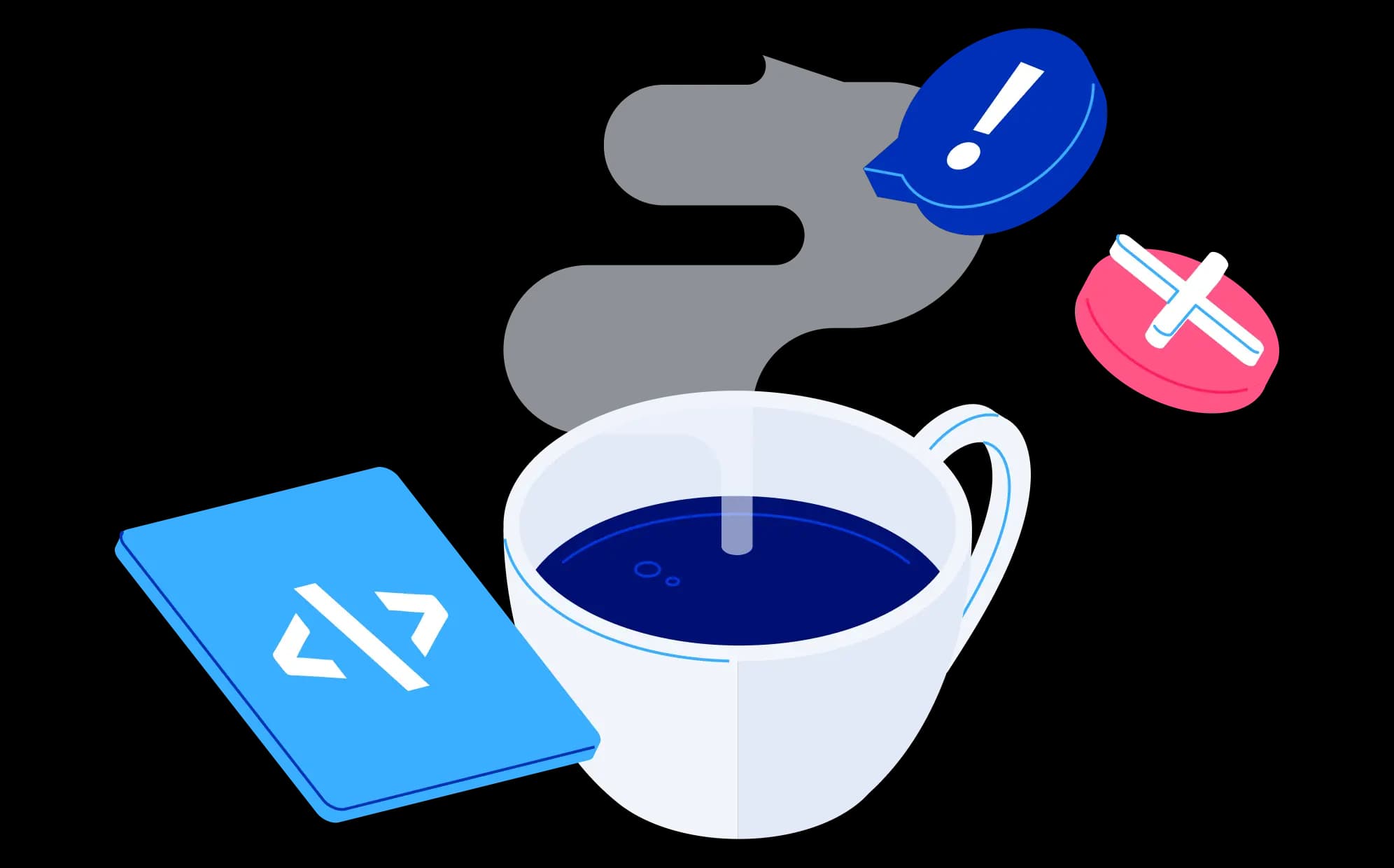 Xícara de café com ícones de código, atenção e erro.