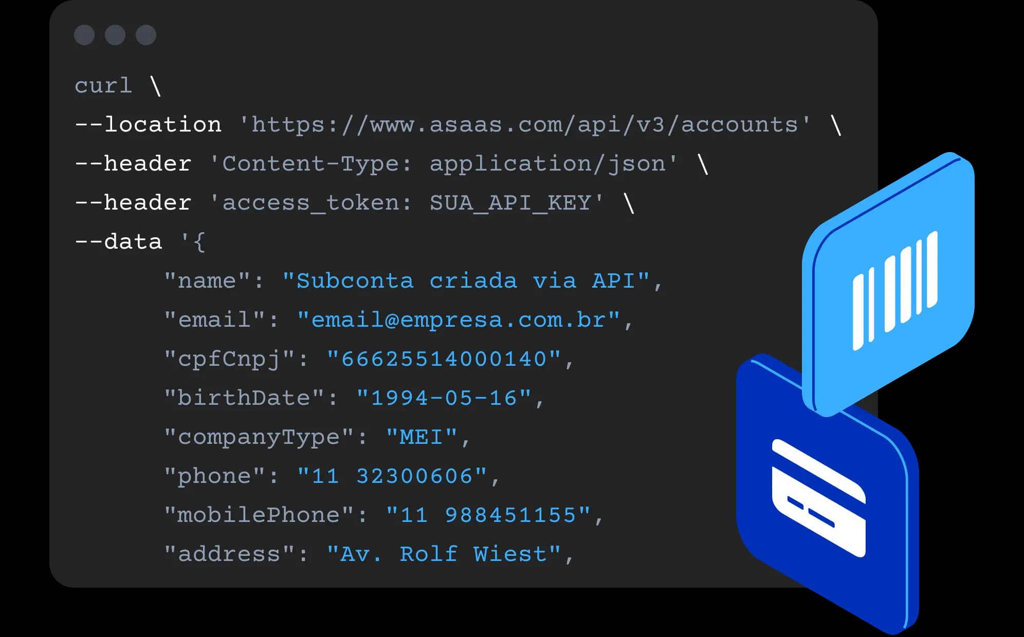 Ilustração de boleto e cartão e alguns códigos da API Asaas.