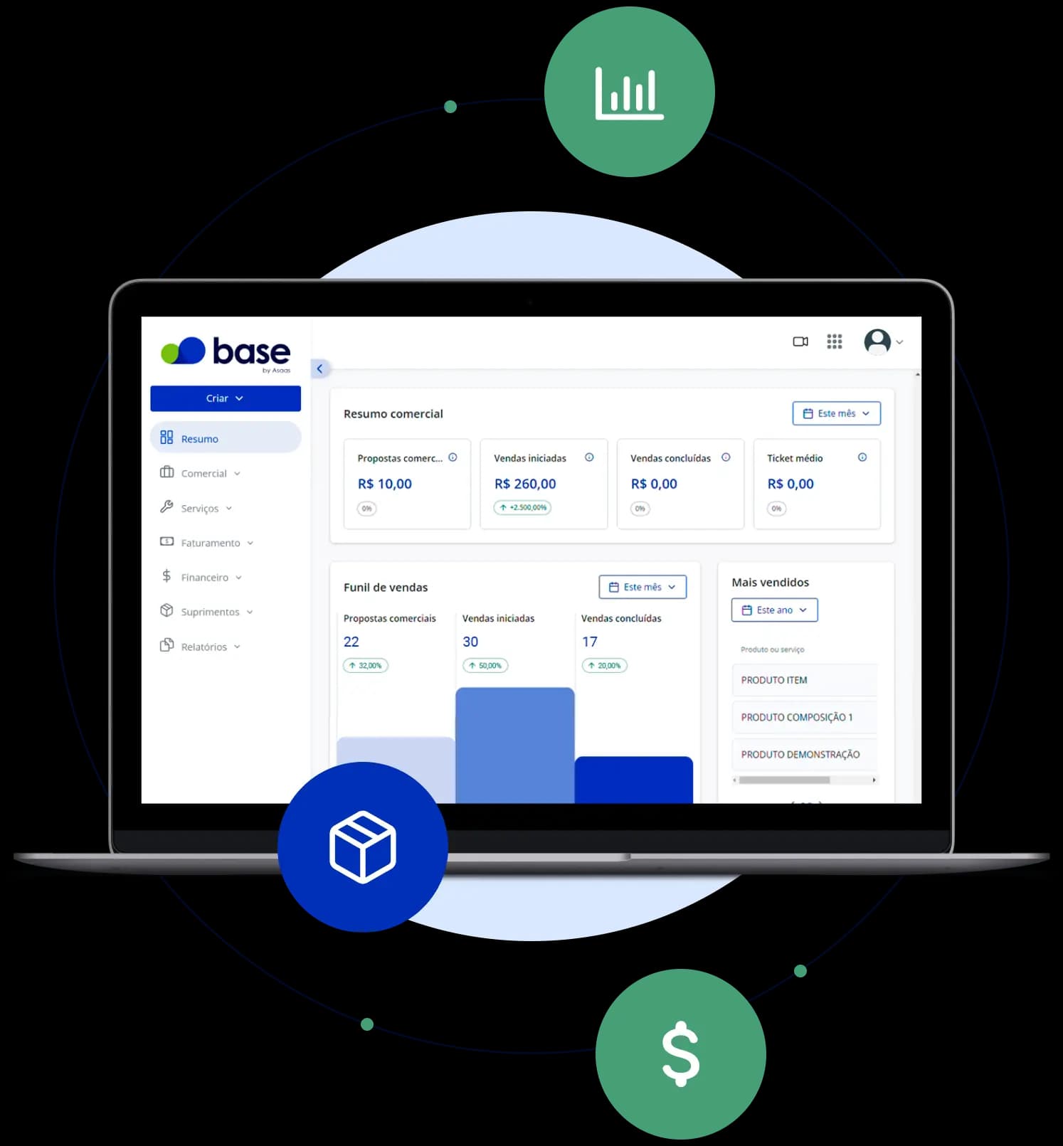 Notebook exibindo em sua tela a interface do Base. Ao redor, ícones de gráfico, caixa e cifrão.