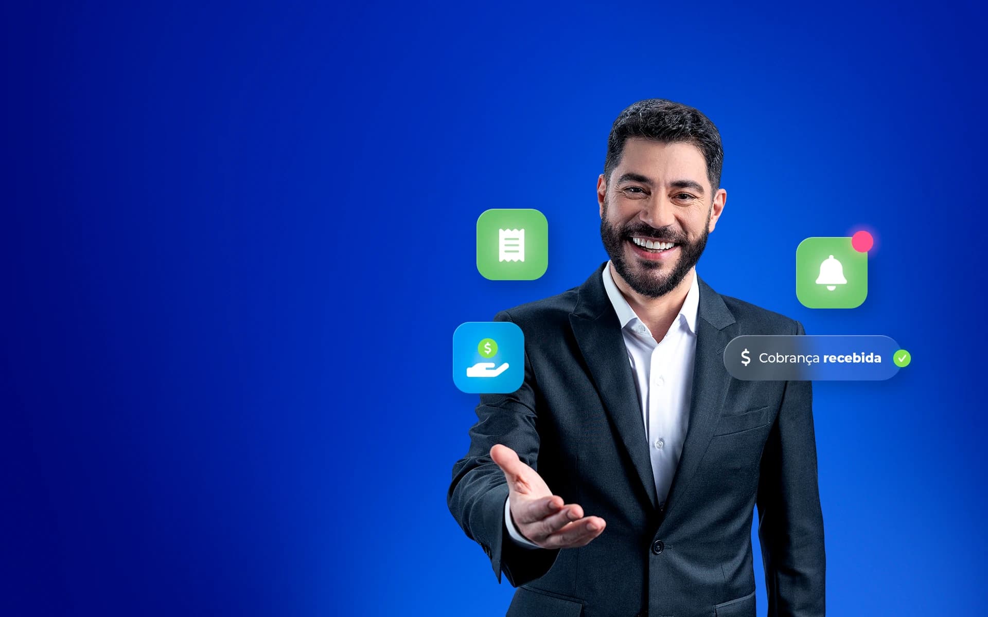 Evaristo Costa veste um terno e está fazendo um gesto com a mão convidando as pessoas a virem para o Asaas. Ao redor, ícones de nota fiscal, moeda e sininho de notificações. A notificação exibe a mensagem de cobrança recebida.