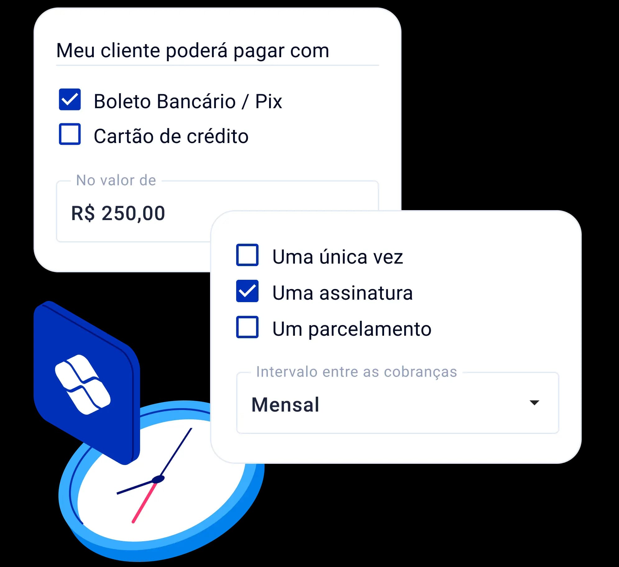 Simulação do processo de criar cobrança dentro do Asaas, mostrando a etapa de definição das formas de pagamento e valor.