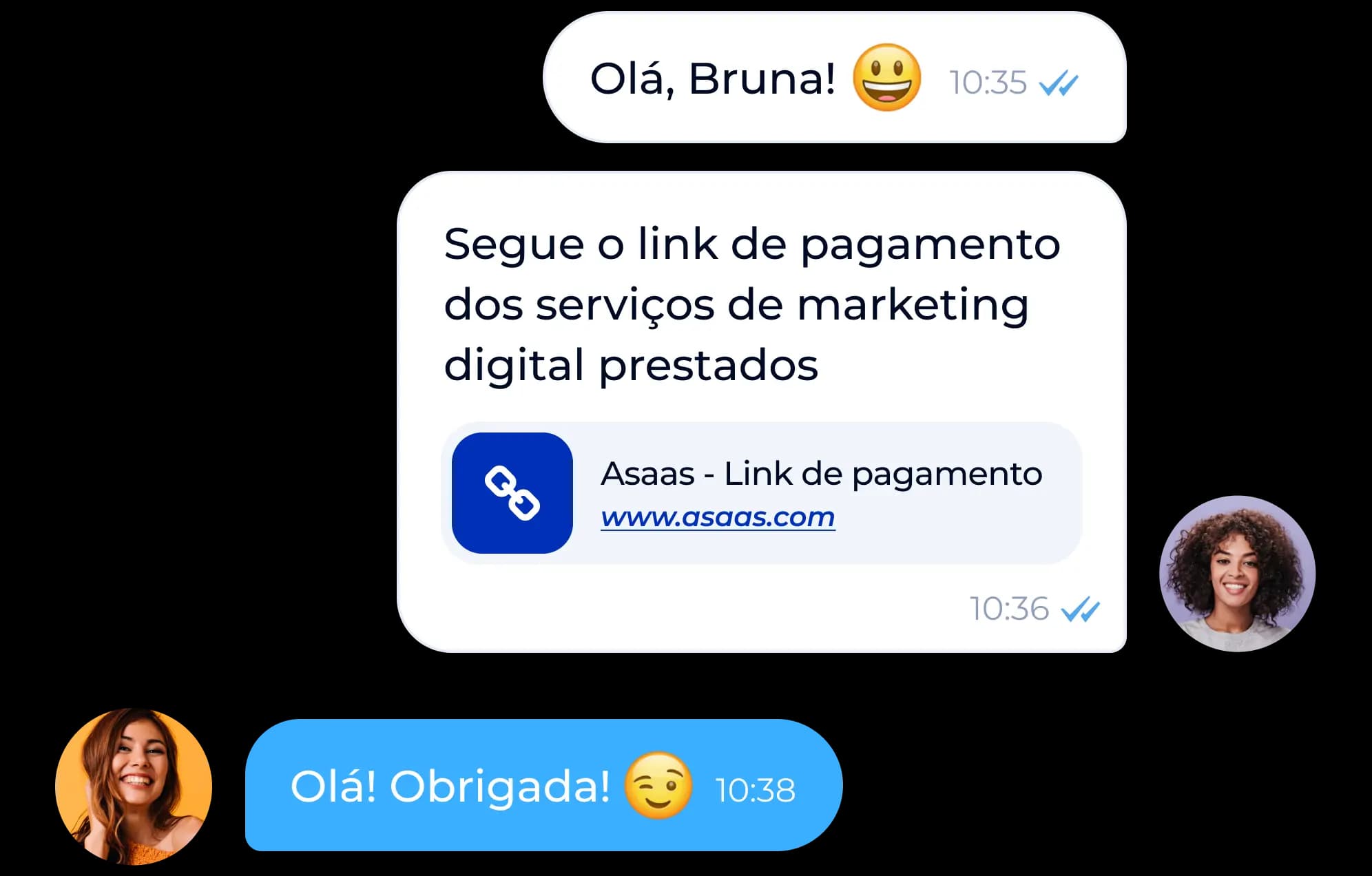 Simulação de uma conversa pelo WhatsApp entre prestadora de serviço e contratante. Na conversa, a prestadora compartilha o link de pagamento dos serviços de marketing digital prestados.