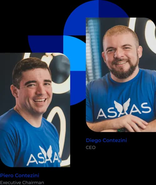 Colagem apresentando os fundadores do Asaas: Piero Contezini, Executive Chairman, e Diego Contezini, CEO.