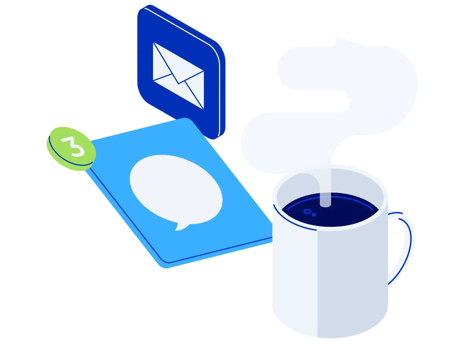Ilustração de um xícara de café com alguns ícones de aplicativos de mensagens e e-mail.