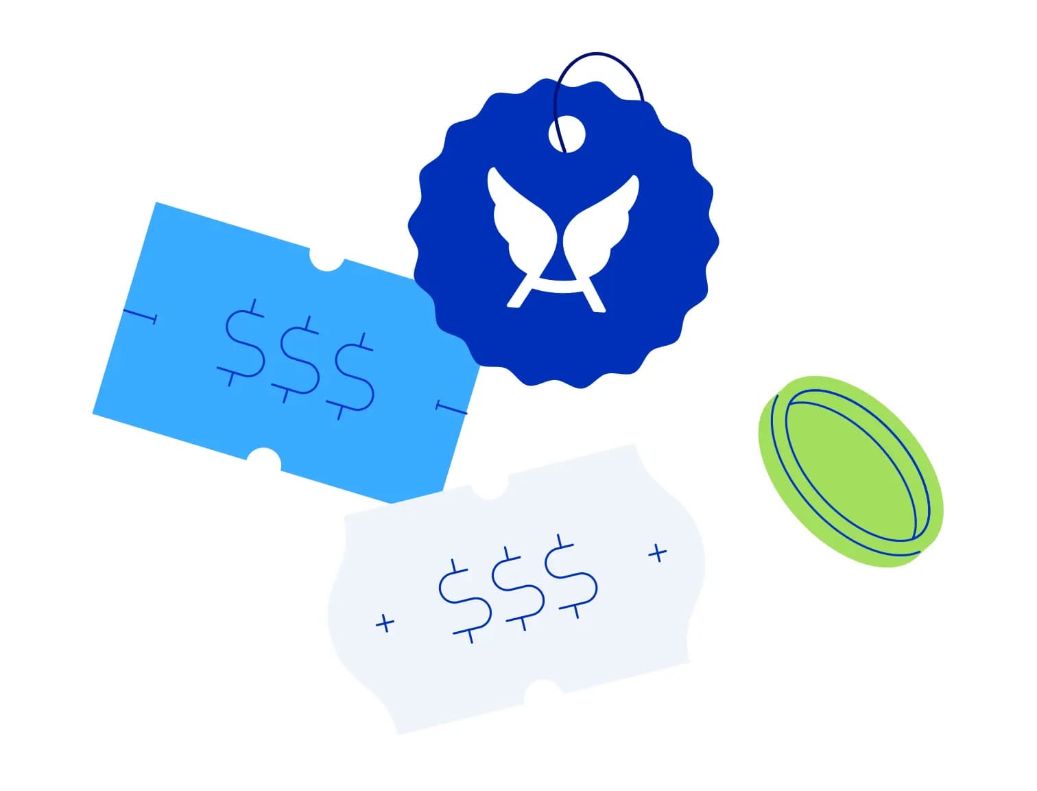 Ilustração com o logo do Asaas, algumas etiquetas de preço e moeda.